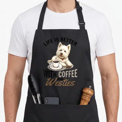 Better westie apron - Realistic white Westie behind coffee cup with arched text LIFE IS BETTER WITH COFFEE AND Westies — shown on a black cotton canvas apron against a white background