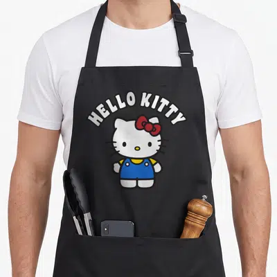 Shot full body apron - HELLO KITTY text arched over white cat with red bow and blue outfit — shown on a black cotton canvas apron against a white background