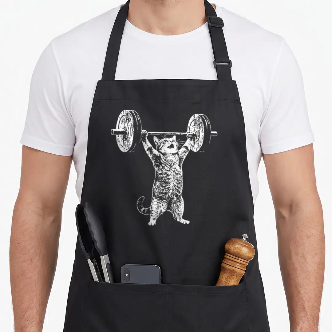 Workout cat apron - White line-art cat standing on hind legs holding barbell overhead — shown on a black cotton canvas apron against a white background