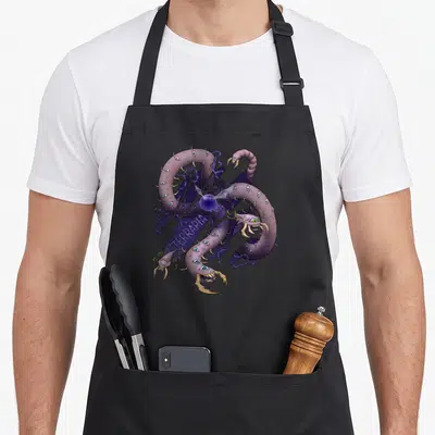 Eater logic apron - Multi-headed purple monster with tan claws and blue eyes, diagonal TERRARIA text — shown on a black cotton canvas apron against a white background