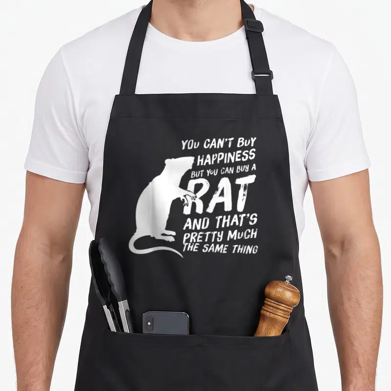 Owner rat lover apron - White rat silhouette beside stacked text about buying happiness and rats — shown on a black cotton canvas apron against a white background