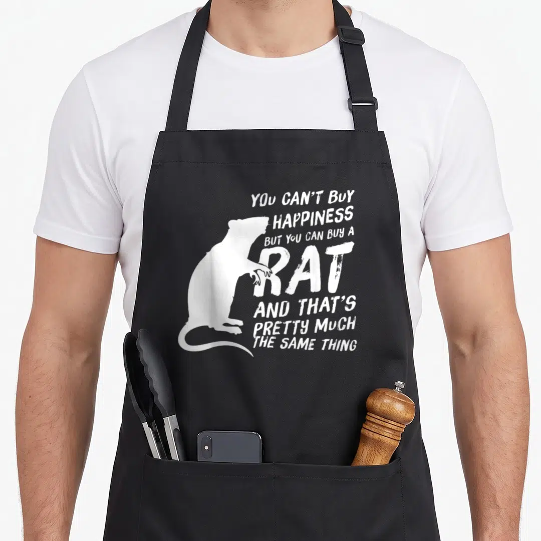 Owner rat lover apron - White rat silhouette beside stacked text about buying happiness and rats — shown on a black cotton canvas apron against a white background
