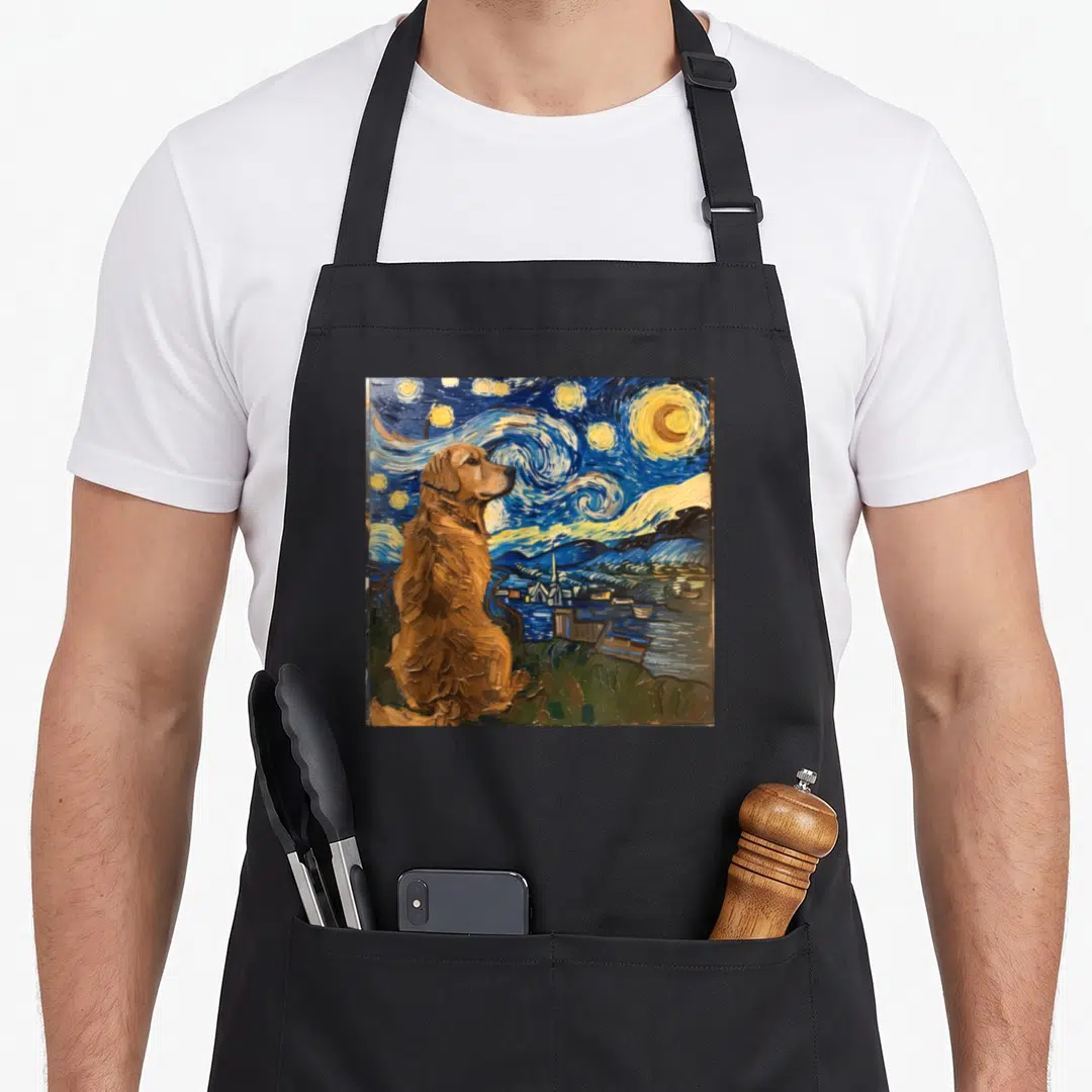 Van golden retriever apron - Golden retriever sitting under swirling blue starry night sky in watercolor style — shown on a black cotton canvas apron against a white background