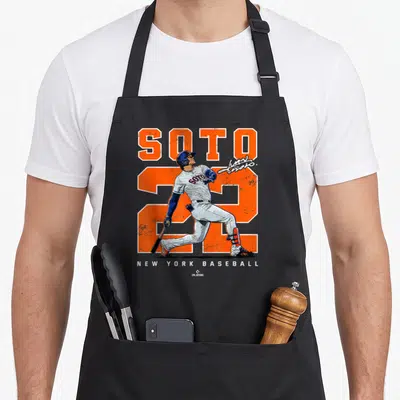 Number new york apron - Realistic baseball player SOTO 22 orange text NEW YORK BASEBALL — shown on a black cotton canvas apron against a white background