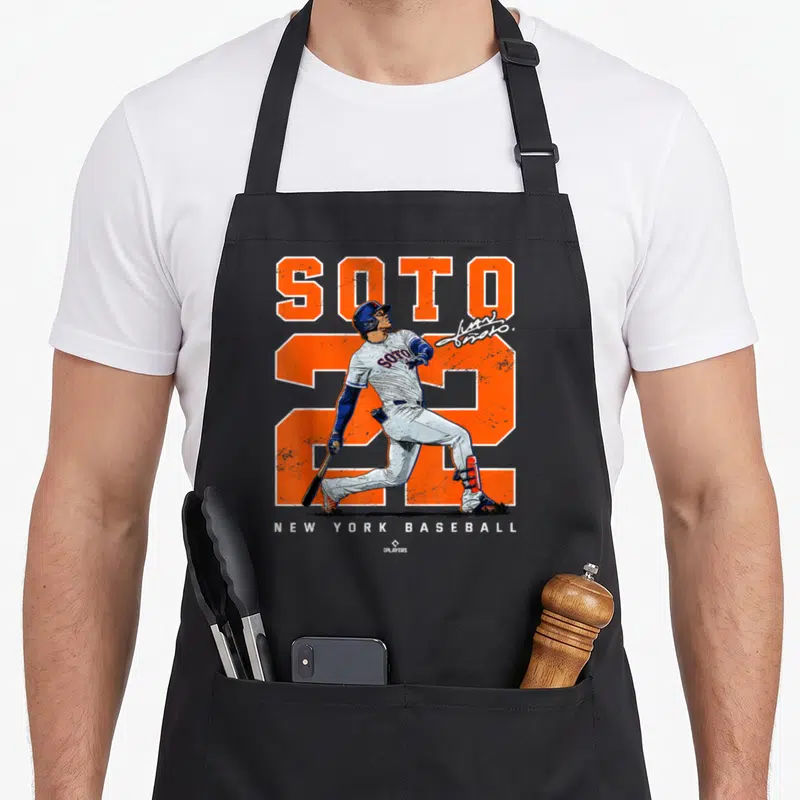 Number new york apron - Realistic baseball player SOTO 22 orange text NEW YORK BASEBALL — shown on a black cotton canvas apron against a white background