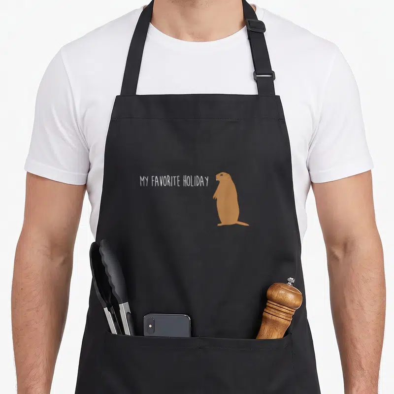 Groundhog holiday apron - White MY FAVORITE HOLIDAY text next to a standing brown cartoon groundhog — shown on a black cotton canvas apron against a white background