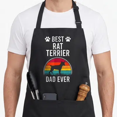 Vintage rat dog apron - Rat Terrier silhouette against red orange yellow teal striped sunset with white text and paw — shown on a black cotton canvas apron against a white background
