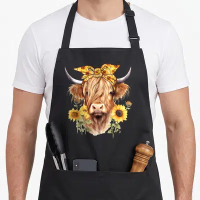 Bandana highland cow apron - Realistic brown Highland cow head wearing a yellow sunflower patterned bandana — shown on a black cotton canvas apron against a white background