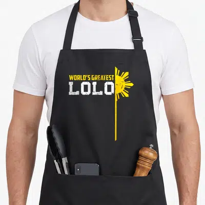 Filipino worlds greatest dad apron - Yellow sun and white Lolo text stacked beside a vertical border line — shown on a black cotton canvas apron against a white background