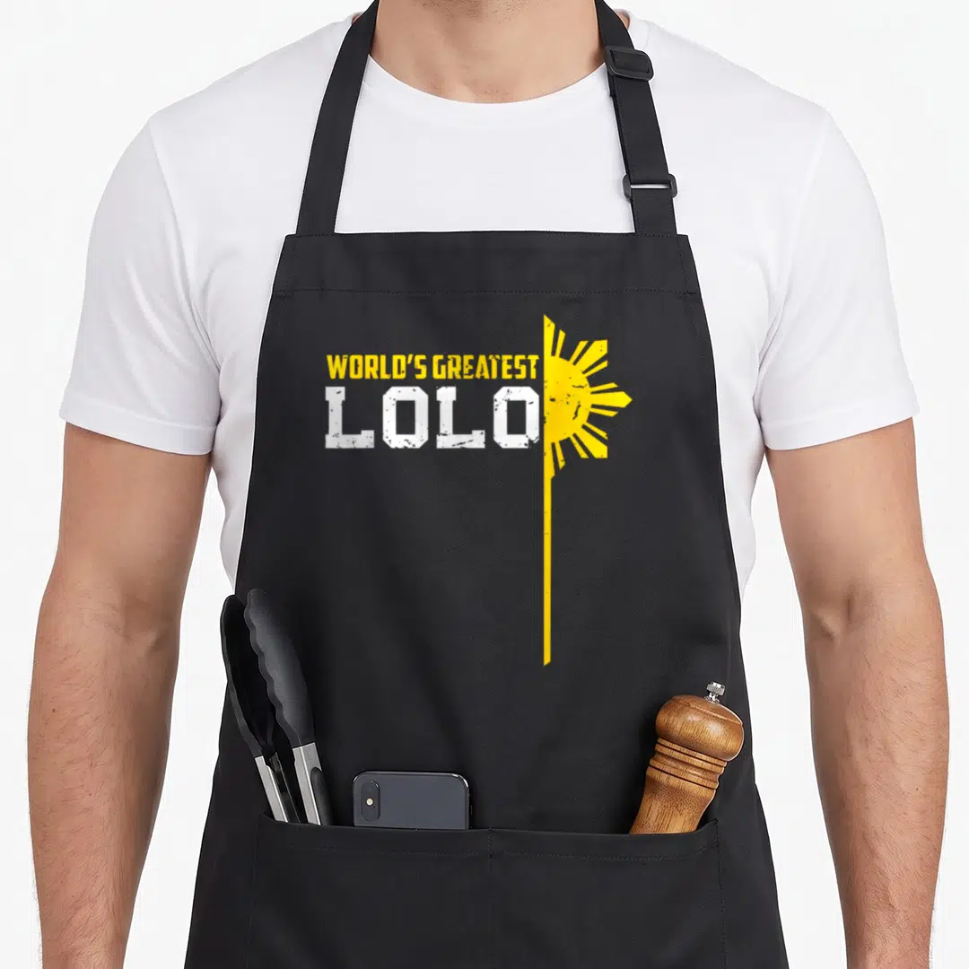 Filipino worlds greatest dad apron - Yellow sun and white Lolo text stacked beside a vertical border line — shown on a black cotton canvas apron against a white background