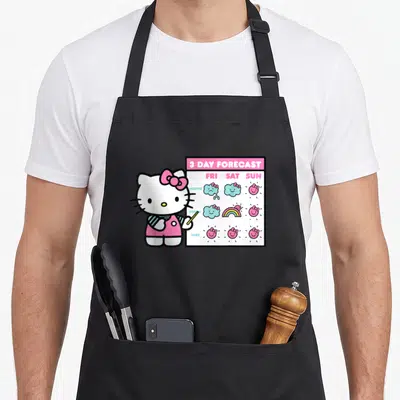 Weather rainbow apron - Hello Kitty pointing at a 3 day forecast chart with pink header and weather icons — shown on a black cotton canvas apron against a white background