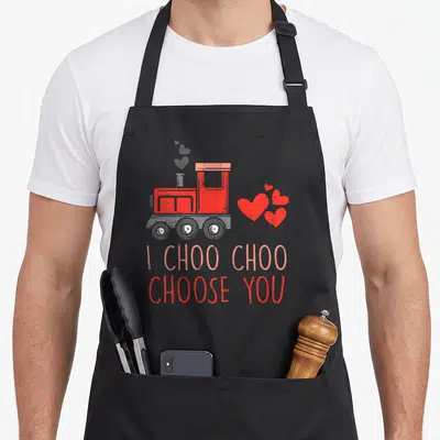 Choo valentine's day apron - Red toy train with grey and pink hearts and text I CHOO CHOO CHOOSE YOU — shown on a black cotton canvas apron against a white background