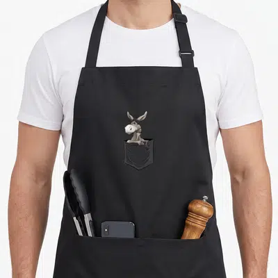 Wildlife quirky apron - Grey cartoon donkey emerging from a printed black outline pocket — shown on a black cotton canvas apron against a white background