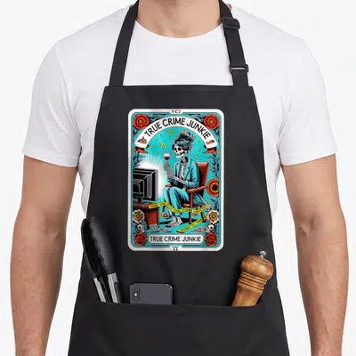 Funny crime junkie apron - Skeleton woman in blue suit holding wine glass facing TV with TRUE CRIME JUNKIE text — shown on a black cotton canvas apron against a white background