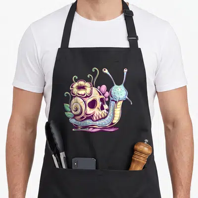 Snail goth apron - Cartoon snail wrapped around skull with pink flower and green vines in pastel colors — shown on a black cotton canvas apron against a white background