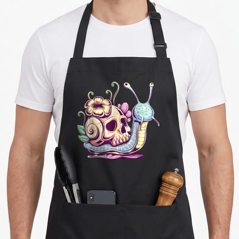 Snail goth apron - Cartoon snail wrapped around skull with pink flower and green vines in pastel colors — shown on a black cotton canvas apron against a white background
