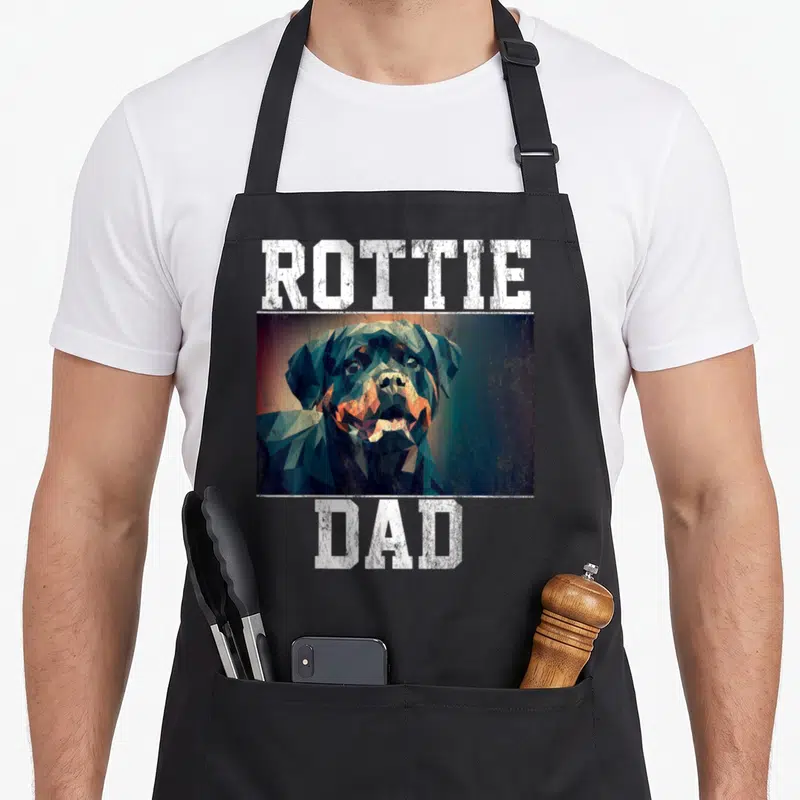 Rottweiler havanese apron - Geometric rottweiler portrait with ROTTIE DAD text in teal orange and black — shown on a black cotton canvas apron against a white background