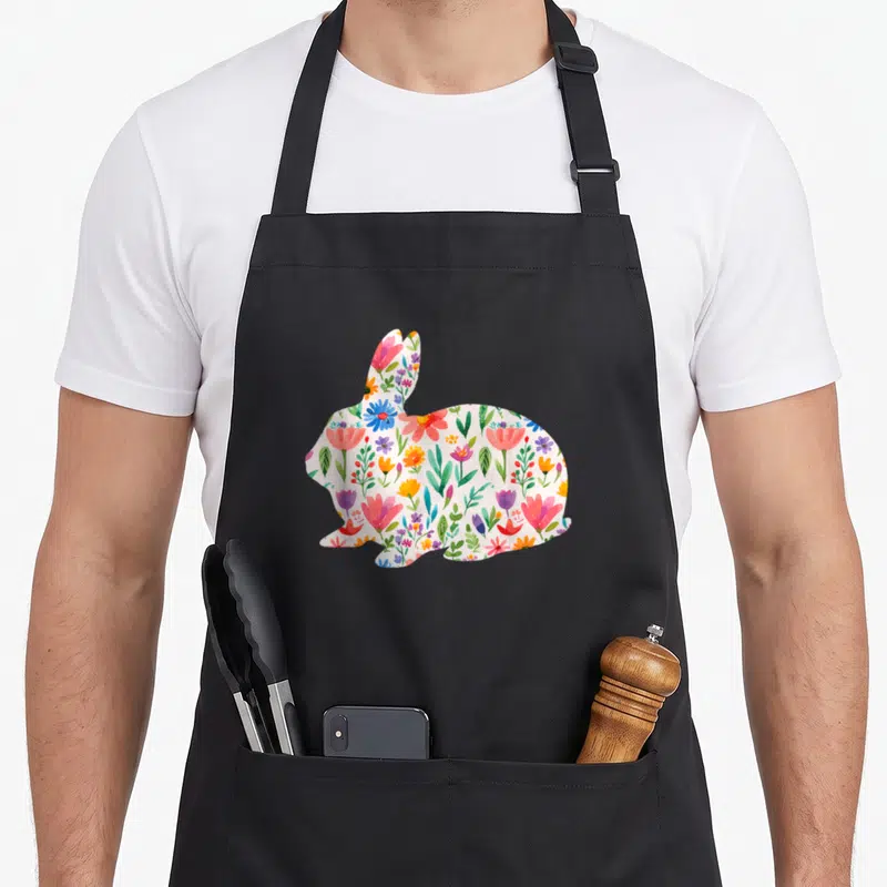 Miller floral apron - Rabbit silhouette filled with white pink blue green and orange watercolor flowers — shown on a black cotton canvas apron against a white background