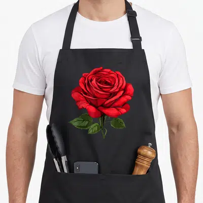 Vintage flower rose apron - Realistic red rose bloom with green leaves and stem on a black background — shown on a black cotton canvas apron against a white background