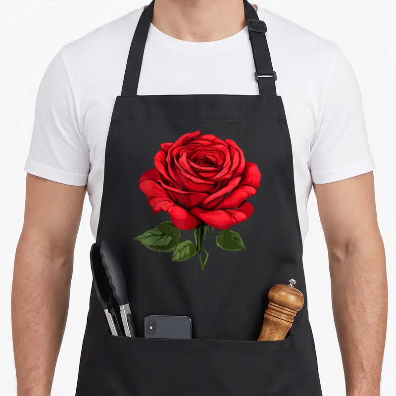 Vintage flower rose apron - Realistic red rose bloom with green leaves and stem on a black background — shown on a black cotton canvas apron against a white background