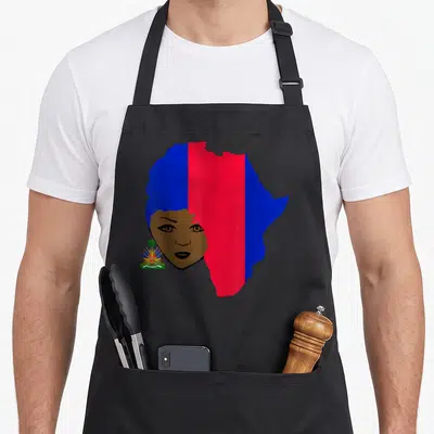 Haitian beautiful apron - Woman's face merged with Haiti map in blue red brown with coat of arms — shown on a black cotton canvas apron against a white background