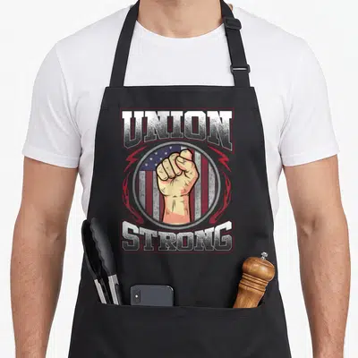 Strong union aprons - Raised fist in circle over USA flag stripes with UNION STRONG text and red flames — shown on a black cotton canvas apron against a white background