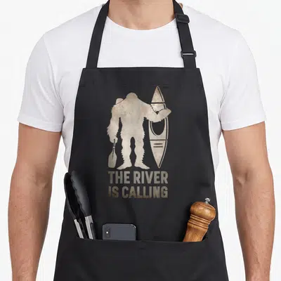 Bigfoot camping apron - Beige Bigfoot silhouette holding paddle and kayak with text THE RIVER IS CALLING — shown on a black cotton canvas apron against a white background