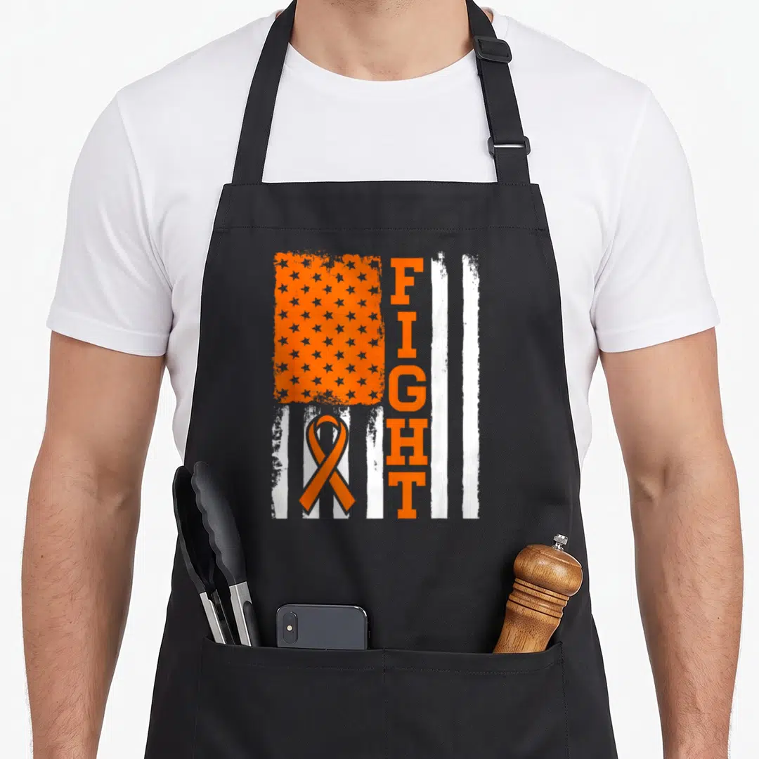 Fight fighter apron - Distressed orange and white flag with vertical FIGHT text and orange awareness ribbon in bottom — shown on a black cotton canvas apron against a white background