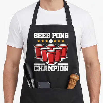 Alcohol beer pong apron - Red cups triangle formation with Beer Pong Champion text and stars — shown on a black cotton canvas apron against a white background