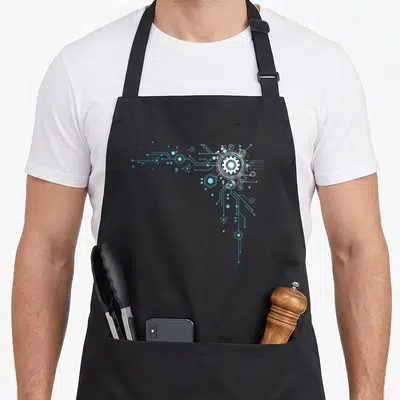 Engineer nerd apron - Abstract blue circuit board pattern with white gears and geometric shapes on grey background — shown on a black cotton canvas apron against a white background