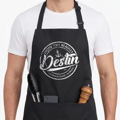 Enjoy destin apron - White distressed circular logo with anchor, Enjoy the Beaches text, and Destin script — shown on a black cotton canvas apron against a white background