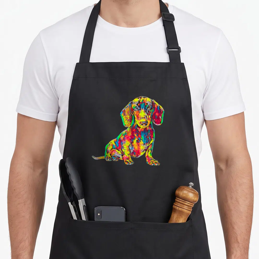 Dachshund dog breed aprons - Multicolored cartoon dachshund in red yellow blue and green sitting pose — shown on a black cotton canvas apron against a white background