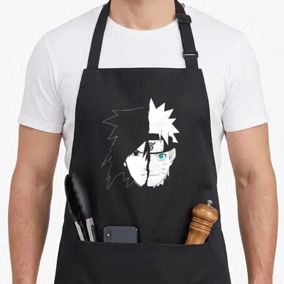 Sasuke anime apron - Two stylized faces merged side-by-side in white grey and blue minimalist art — shown on a black cotton canvas apron against a white background