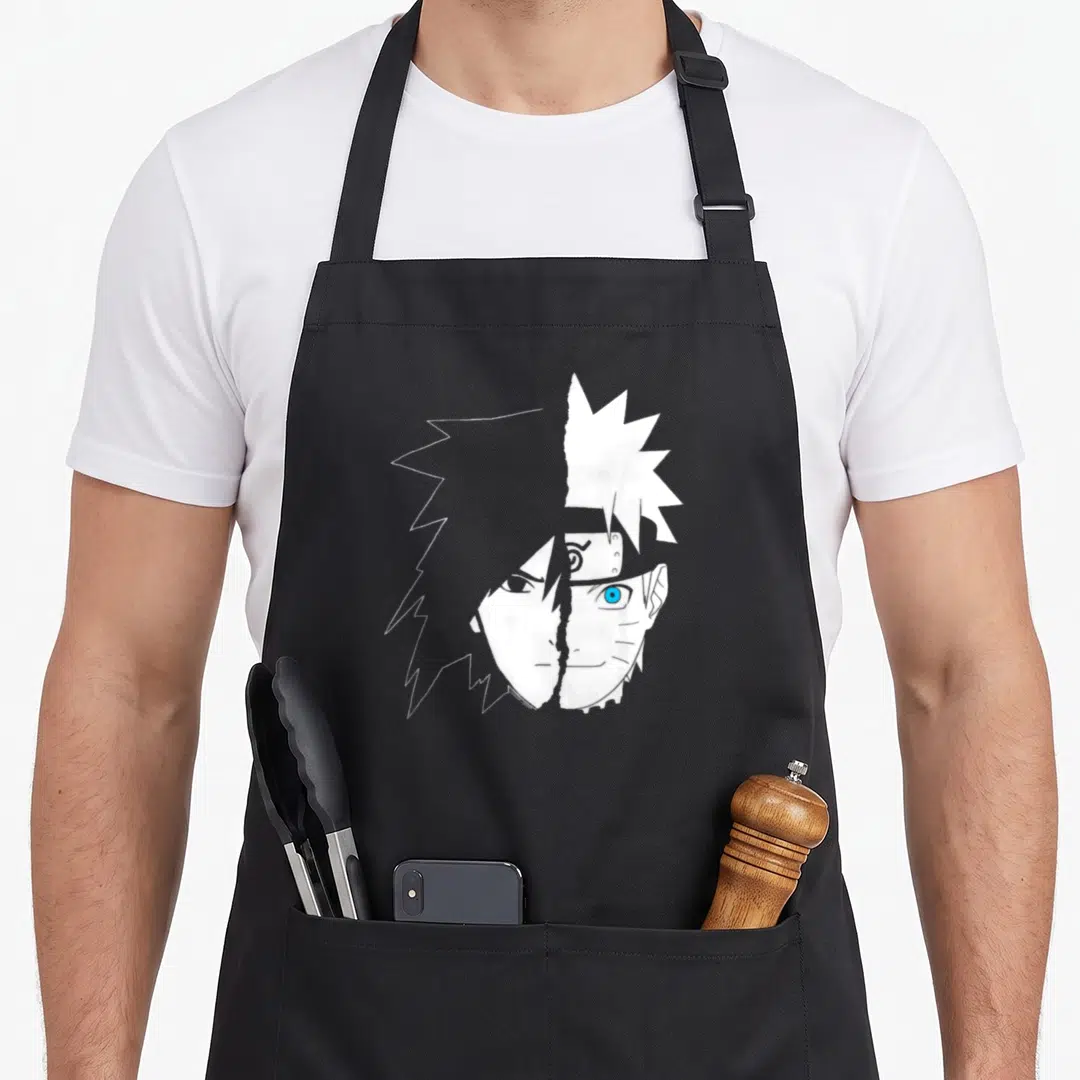 Sasuke anime apron - Two stylized faces merged side-by-side in white grey and blue minimalist art — shown on a black cotton canvas apron against a white background