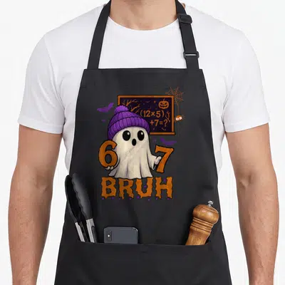 Ghost teacher apron - Cartoon ghost in purple beanie holding orange numbers 6 and 7 with chalkboard and BRUH text — shown on a black cotton canvas apron against a white background
