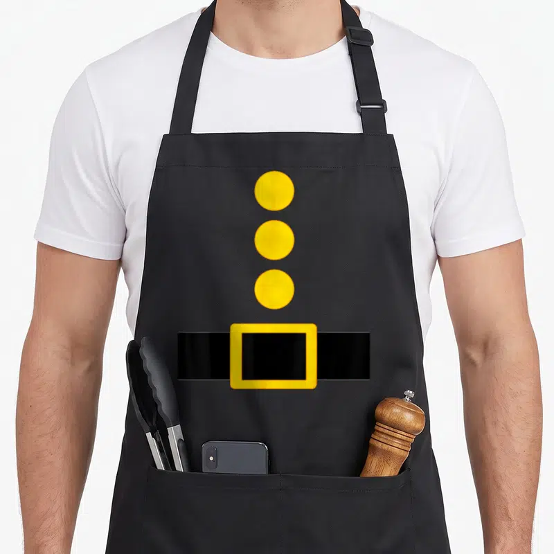 Dwarf costume apron - Black belt with yellow rectangular buckle and three vertical yellow circular buttons on grey — shown on a black cotton canvas apron against a white background