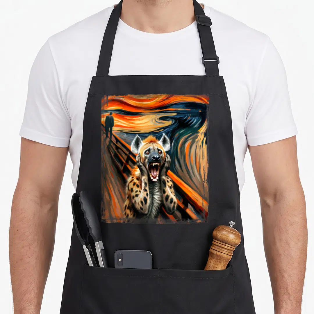 Expressionist hyena apron - Screaming hyena with paws on cheeks against swirling orange and blue sky — shown on a black cotton canvas apron against a white background