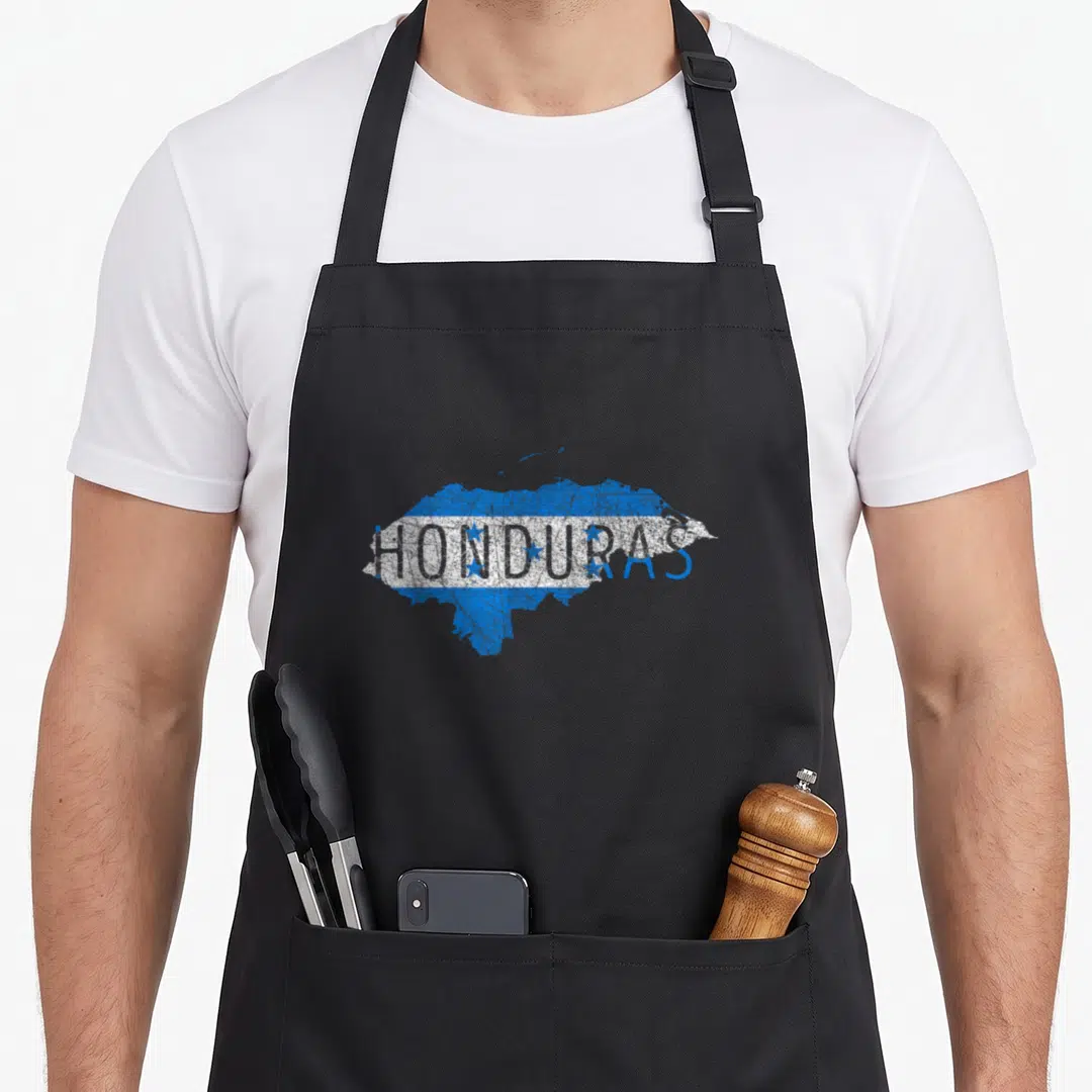 Map honduran apron - Distressed map of Honduras filled with blue white flag stripes and HONDURAS text — shown on a black cotton canvas apron against a white background