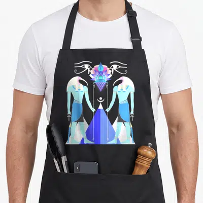 Kemetic egyptian apron - Two ibis-headed figures flanking a blue pyramid with Eye of Horus and lotus in light blue — shown on a black cotton canvas apron against a white background