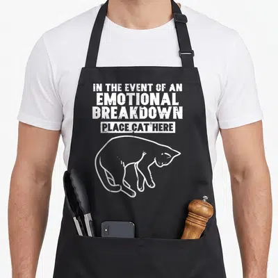 Event cat apron - White stacked text reading IN THE EVENT OF AN EMOTIONAL BREAKDOWN PLACE CAT HERE above a line drawing — shown on a black cotton canvas apron against a white background