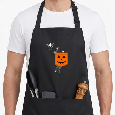 Pumpkin scary halloween apron - Orange pumpkin pocket with black face, white spiders, and spiderweb in cartoon style — shown on a black cotton canvas apron against a white background