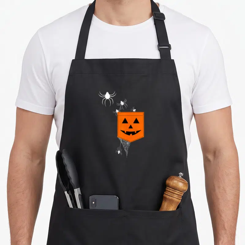 Pumpkin scary halloween apron - Orange pumpkin pocket with black face, white spiders, and spiderweb in cartoon style — shown on a black cotton canvas apron against a white background