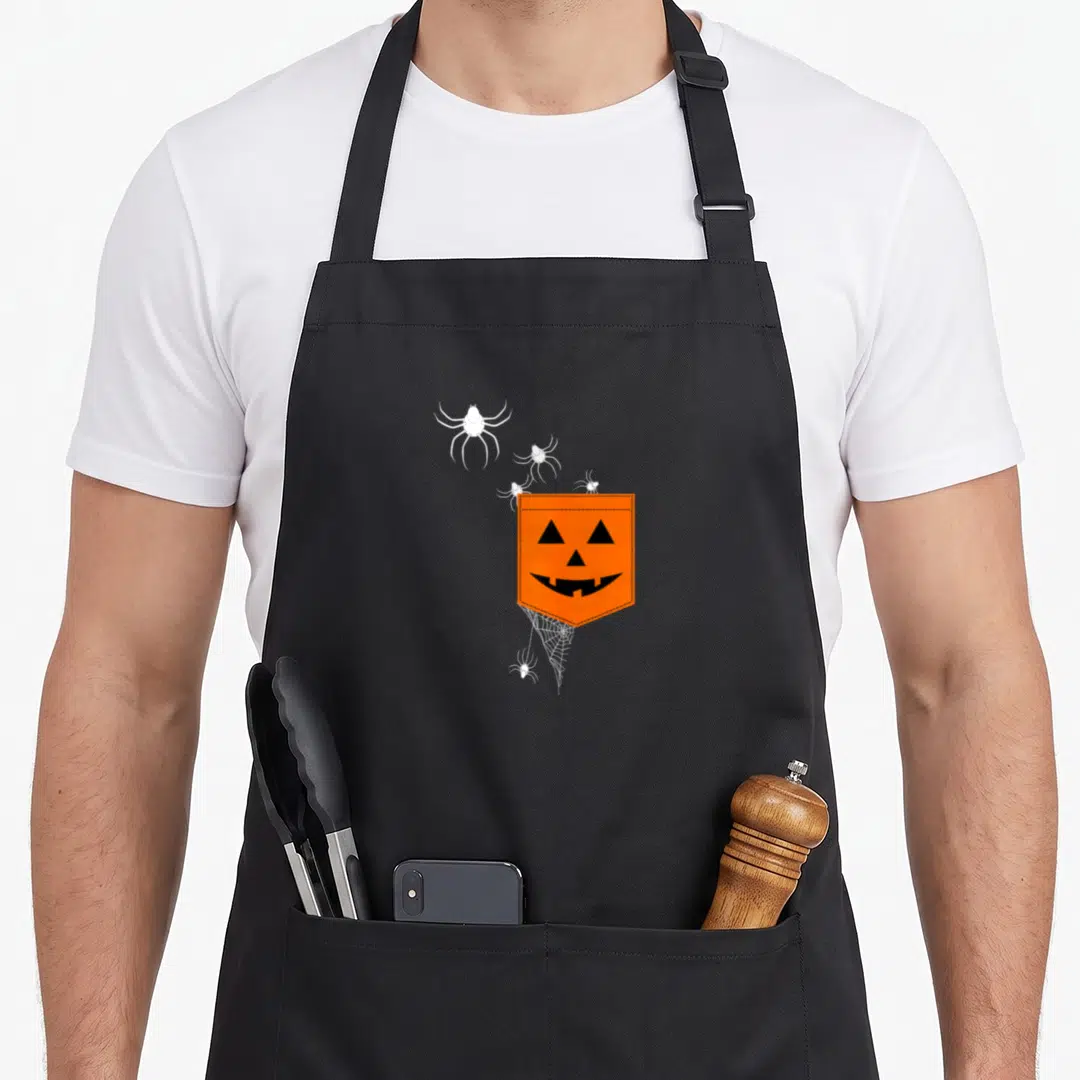 Pumpkin scary halloween apron - Orange pumpkin pocket with black face, white spiders, and spiderweb in cartoon style — shown on a black cotton canvas apron against a white background