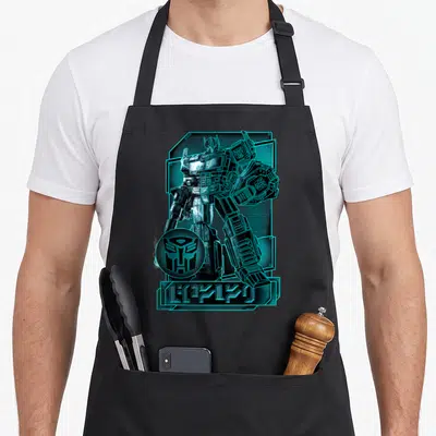 War cybertron transformer apron - Cyan and black LEOPRIME robot with Autobot logo and stylized banner text — shown on a black cotton canvas apron against a white background