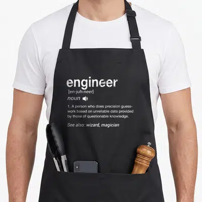 Cute definition engineer apron - White dictionary definition text reading engineer and precision guess-work on a black — shown on a black cotton canvas apron against a white background
