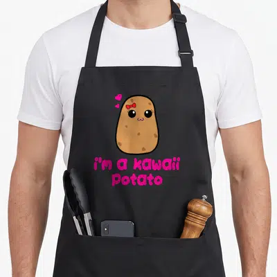 Potato veggie apron - Brown cartoon potato with red bow and pink hearts above two lines of pink text reading i'm — shown on a black cotton canvas apron against a white background