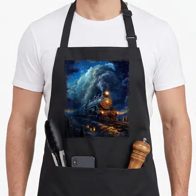 Engine van gogh apron - Steam train under starry sky in dark blue black gold with distressed frame — shown on a black cotton canvas apron against a white background