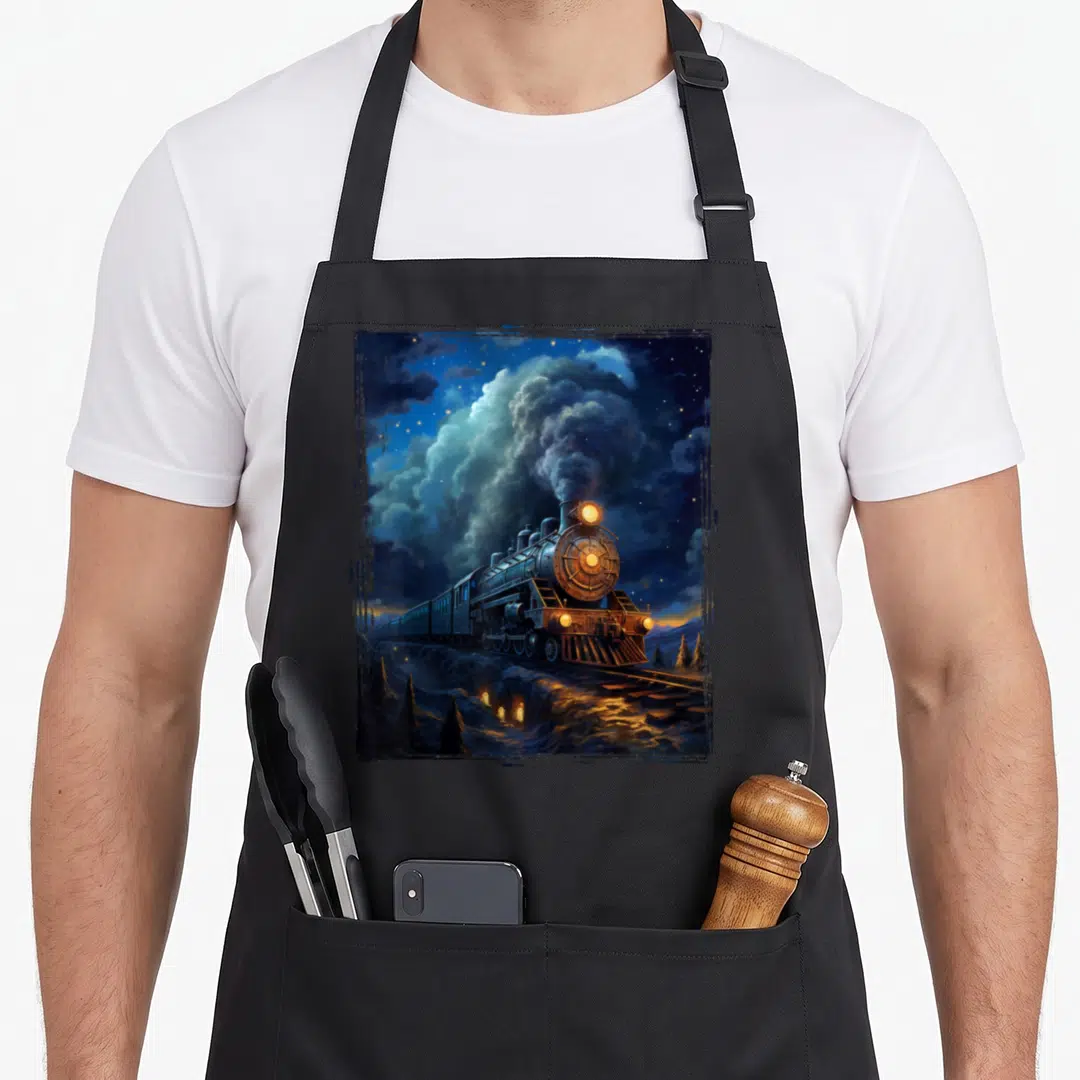 Engine van gogh apron - Steam train under starry sky in dark blue black gold with distressed frame — shown on a black cotton canvas apron against a white background
