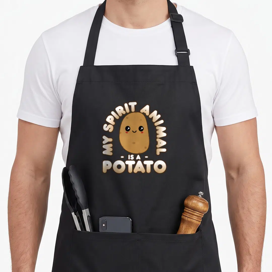 Wildlife apron - Smiling cartoon potato with arched MY SPIRIT ANIMAL IS A POTATO text in brown and white — shown on a black cotton canvas apron against a white background