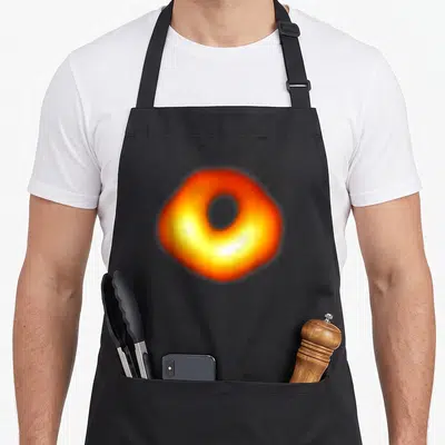 Funny hole apron - Glowing orange and yellow ring with dark center representing a black hole — shown on a black cotton canvas apron against a white background